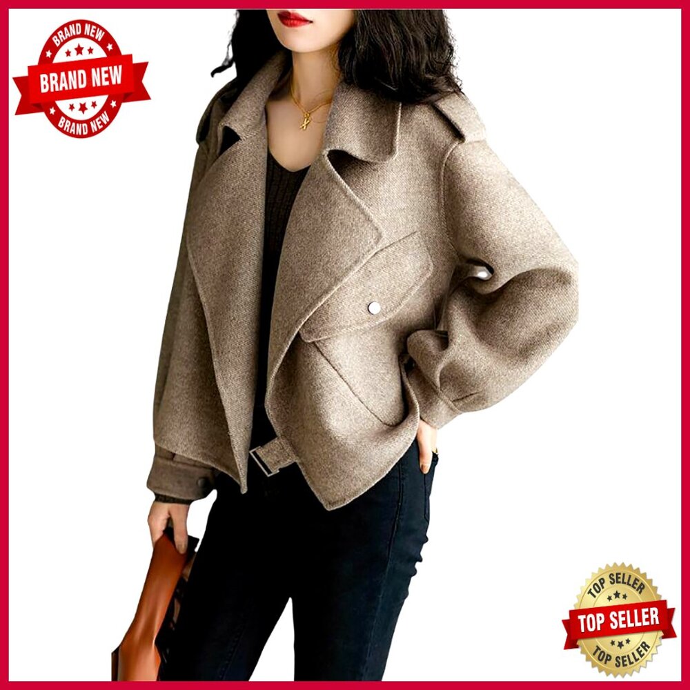 Women's Cropped Wool Blend Blazer Jacket Open Front Loose Fit Trench